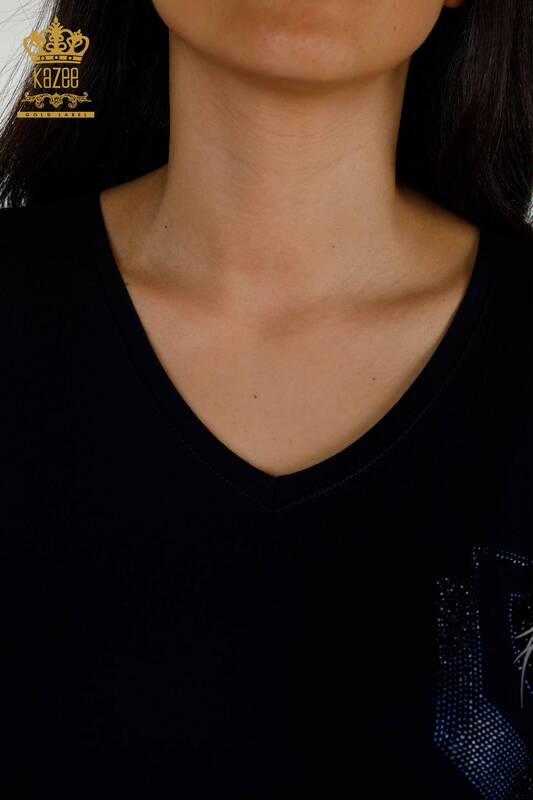 Toptan Kadın Bluz Taş İşlemeli Lacivert - 77487 | KAZEE