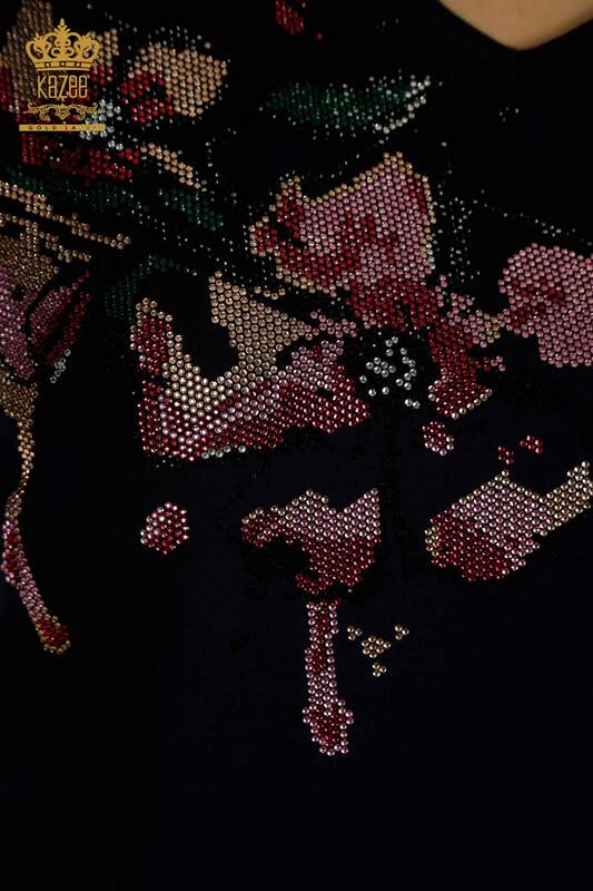 Toptan Kadın Bluz Taş İşlemeli Lacivert - 79107 | KAZEE