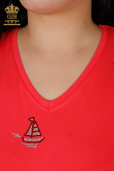 Toptan Kadın Bluz Taş İşlemeli Mercan - 78936 | KAZEE - Thumbnail