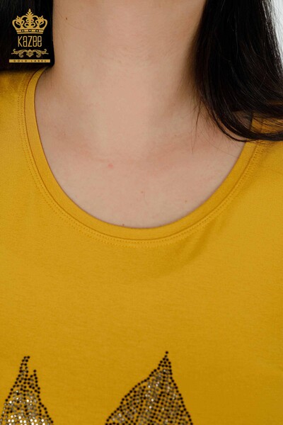 Toptan Kadın Bluz Taş İşlemeli Safran - 79041 | KAZEE - Thumbnail