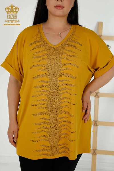 Toptan Kadın Bluz Taş İşlemeli Safran - 79321 | KAZEE - Thumbnail