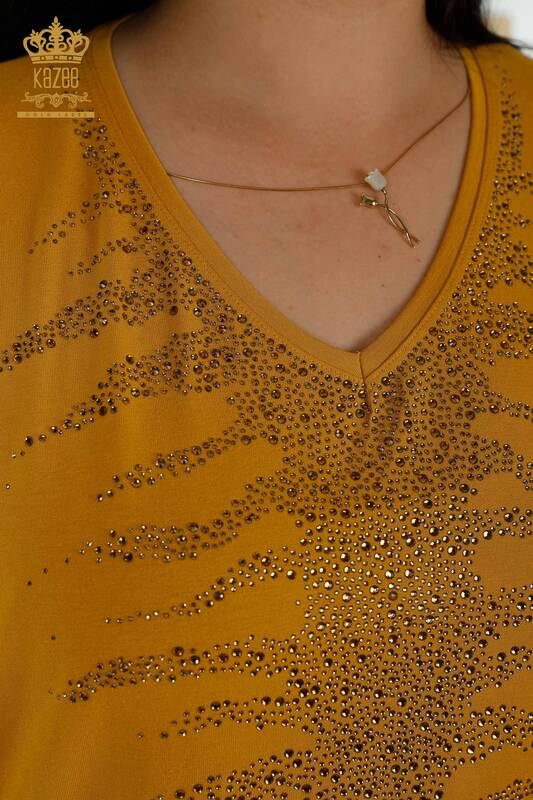 Toptan Kadın Bluz Taş İşlemeli Safran - 79321 | KAZEE
