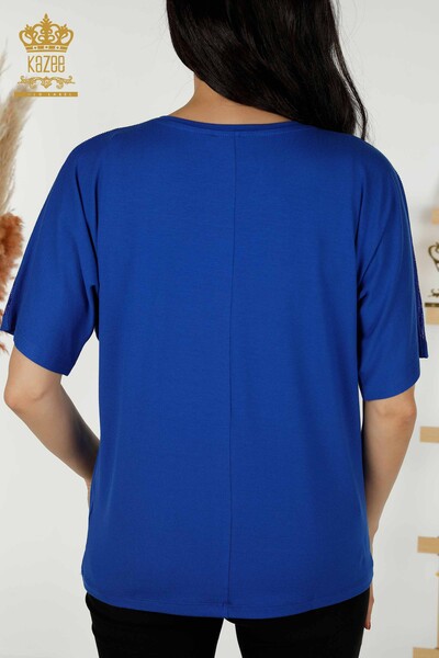 Toptan Kadın Bluz Taş İşlemeli Saks - 77487 | KAZEE - Thumbnail