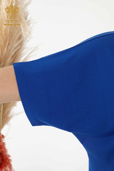 Toptan Kadın Bluz Taş İşlemeli Saks - 77713 | KAZEE - Thumbnail