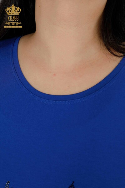 Toptan Kadın Bluz Taş İşlemeli Saks - 79041 | KAZEE - Thumbnail