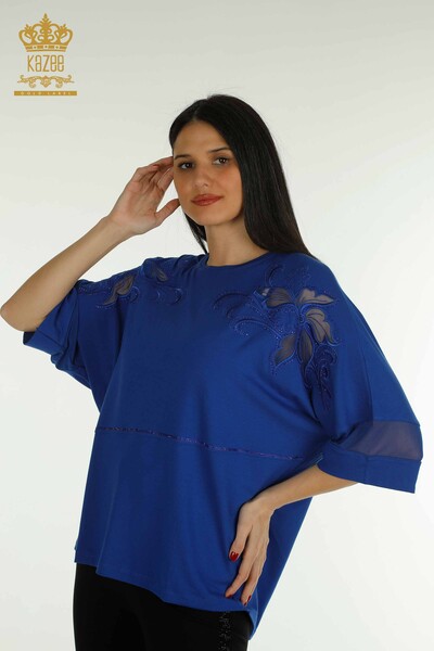 Toptan Kadın Bluz Taş İşlemeli Saks - 79057 | KAZEE - Thumbnail