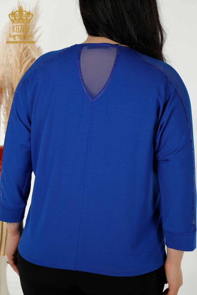 Toptan Kadın Bluz Taş İşlemeli Saks - 79084 | KAZEE - Thumbnail