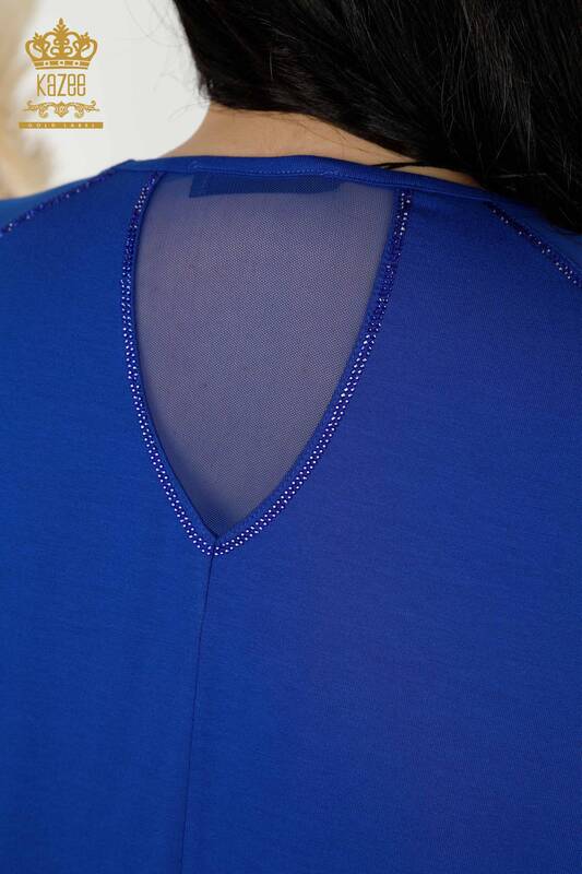 Toptan Kadın Bluz Taş İşlemeli Saks - 79084 | KAZEE