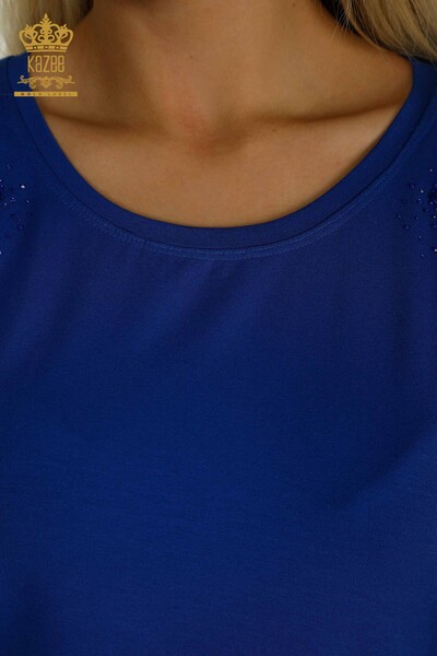 Toptan Kadın Bluz Taş İşlemeli Saks - 79097 | KAZEE - Thumbnail