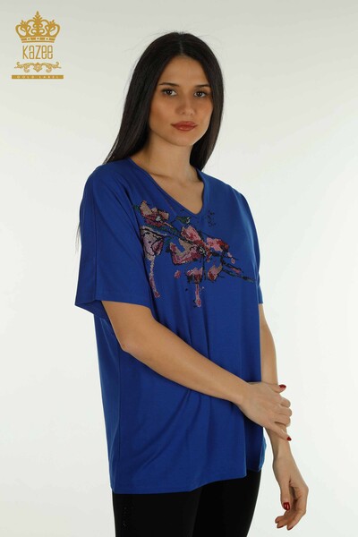 Toptan Kadın Bluz Taş İşlemeli Saks - 79107 | KAZEE - Thumbnail