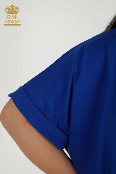 Toptan Kadın Bluz Taş İşlemeli Saks - 79321 | KAZEE - Thumbnail