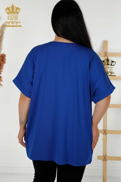 Toptan Kadın Bluz Taş İşlemeli Saks - 79321 | KAZEE - Thumbnail