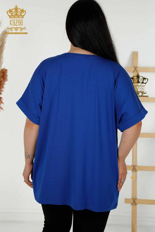 Toptan Kadın Bluz Taş İşlemeli Saks - 79321 | KAZEE