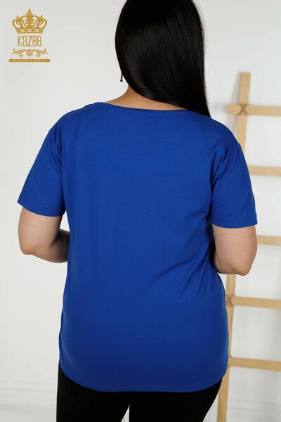 Toptan Kadın Bluz Taş İşlemeli Saks - 79329 | KAZEE - Thumbnail