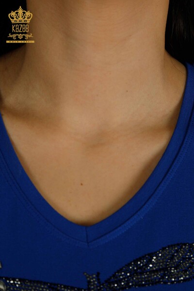Toptan Kadın Bluz Taş İşlemeli Saks - 79362 | KAZEE - Thumbnail