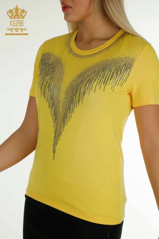 Toptan Kadın Bluz Taş İşlemeli Sarı - 79348 | KAZEE