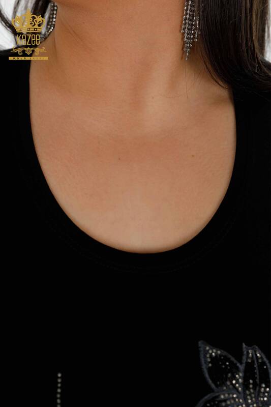 Toptan Kadın Bluz Taş İşlemeli Siyah - 79011 | KAZEE