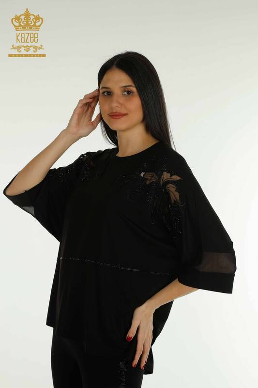 Toptan Kadın Bluz Taş İşlemeli Siyah - 79057 | KAZEE