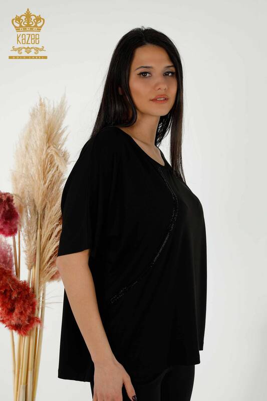 Toptan Kadın Bluz Taş İşlemeli Siyah - 79295 | KAZEE