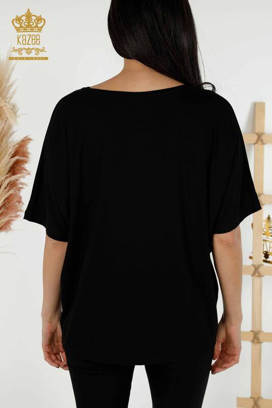 Toptan Kadın Bluz Taş İşlemeli Siyah - 79295 | KAZEE