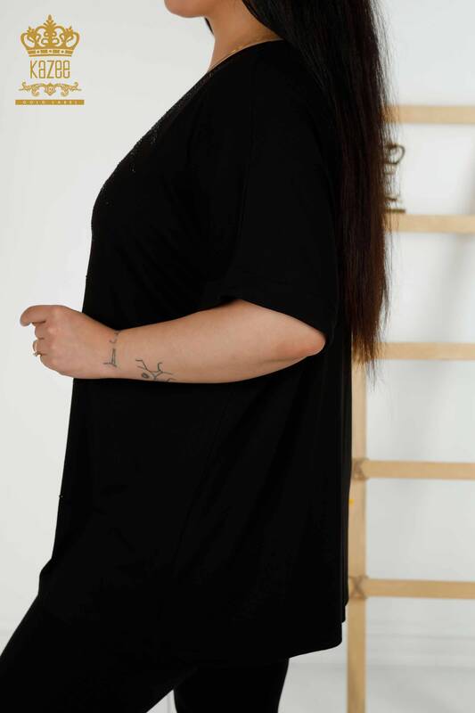 Toptan Kadın Bluz Taş İşlemeli Siyah - 79321 | KAZEE