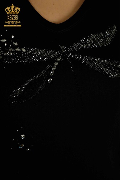 Toptan Kadın Bluz Taş İşlemeli Siyah - 79362 | KAZEE - Thumbnail