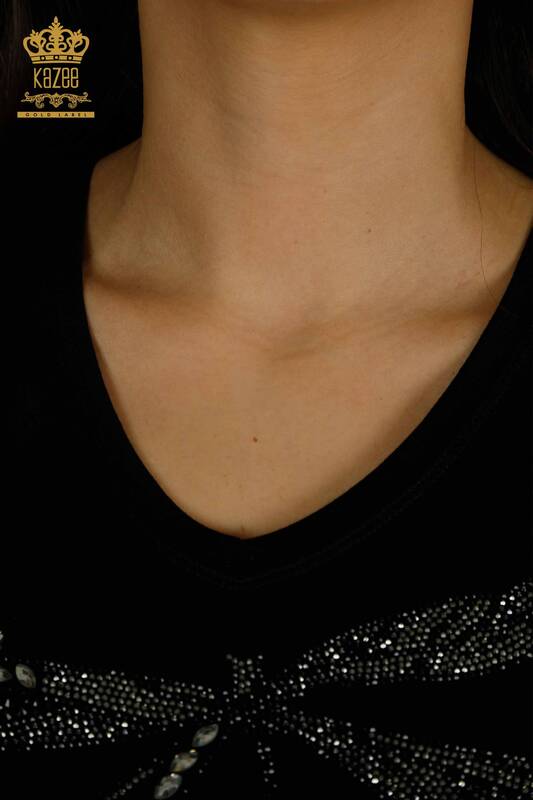 Toptan Kadın Bluz Taş İşlemeli Siyah - 79362 | KAZEE