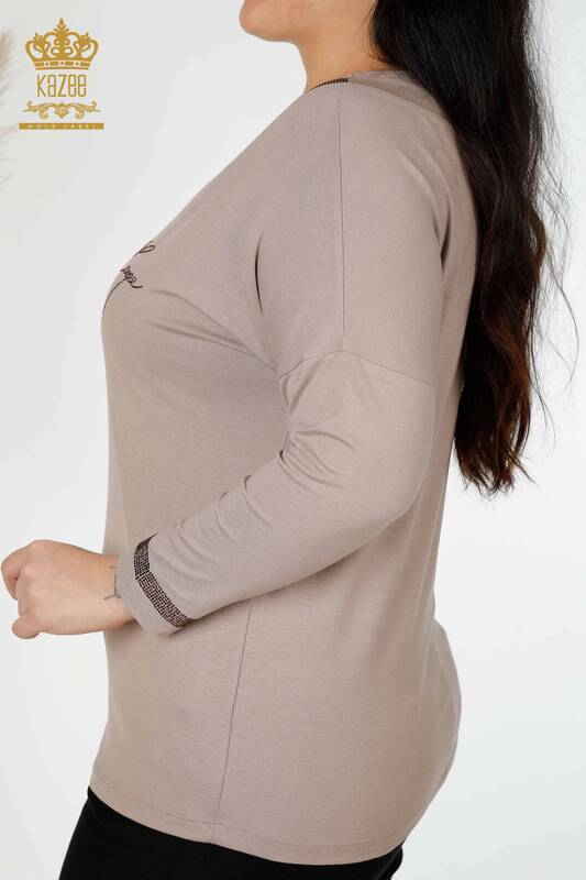 Toptan Kadın Bluz Taş İşlemeli Vizon - 77870 | KAZEE