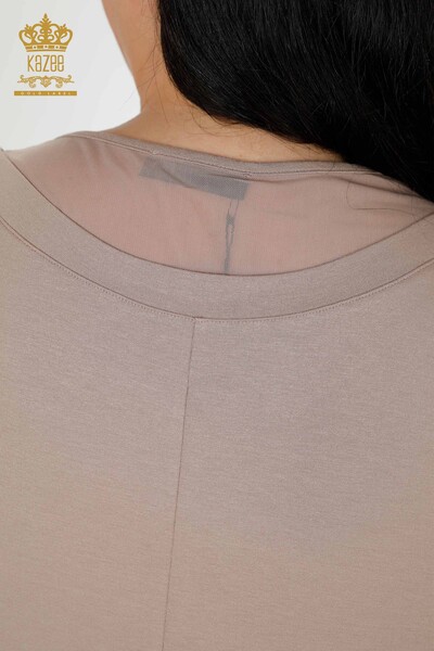 Toptan Kadın Bluz Taş İşlemeli Vizon - 77870 | KAZEE - Thumbnail
