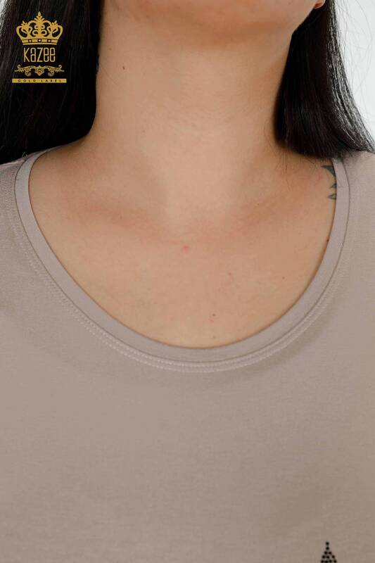 Toptan Kadın Bluz Taş İşlemeli Vizon - 79041 | KAZEE
