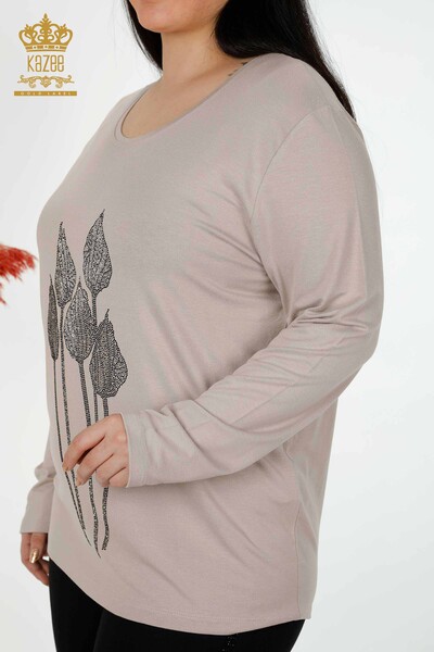 Toptan Kadın Bluz Taş İşlemeli Vizon - 79041 | KAZEE - Thumbnail