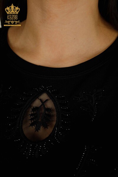 Toptan Kadın Bluz Taşlı Nakışlı Siyah - 79556 | KAZEE - Thumbnail