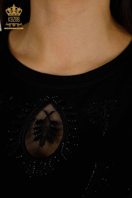 Toptan Kadın Bluz Taşlı Nakışlı Siyah - 79556 | KAZEE
