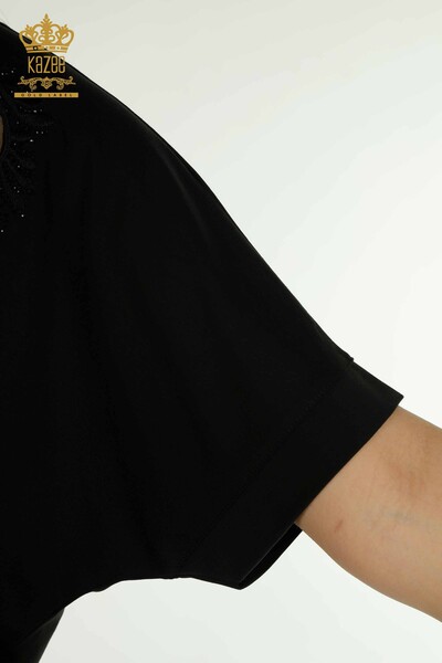 Toptan Kadın Bluz Taşlı Nakışlı Siyah - 79556 | KAZEE - Thumbnail