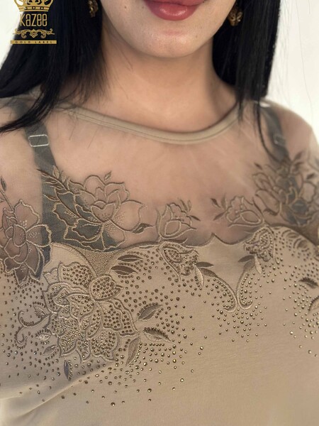 Toptan Kadın Bluz Tül Detaylı Bej - 79453 | KAZEE - 2