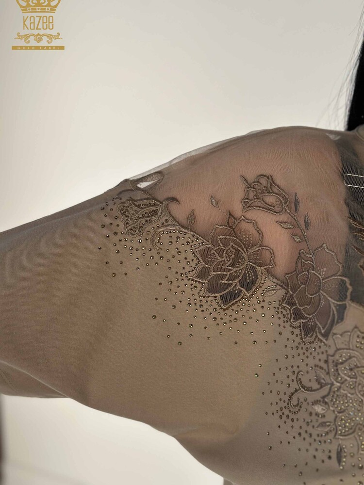 Toptan Kadın Bluz Tül Detaylı Bej - 79453 | KAZEE - 3