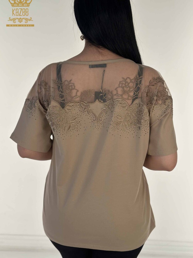 Toptan Kadın Bluz Tül Detaylı Bej - 79453 | KAZEE - 4