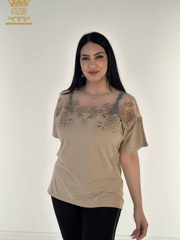 Toptan Kadın Bluz Tül Detaylı Bej - 79453 | KAZEE - 1