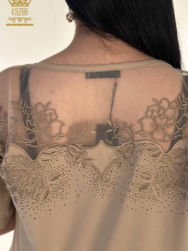 Toptan Kadın Bluz Tül Detaylı Bej - 79453 | KAZEE - 5