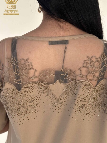 Toptan Kadın Bluz Tül Detaylı Bej - 79453 | KAZEE - 5