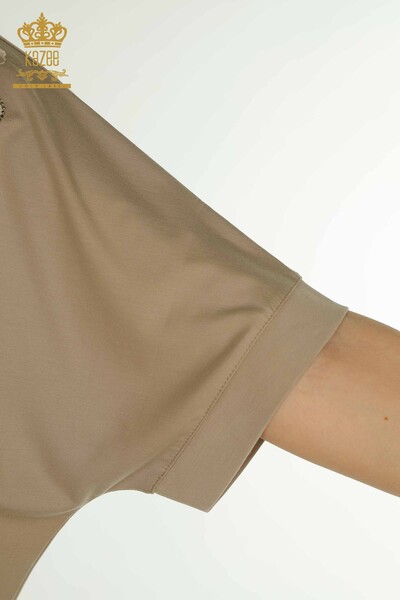 Toptan Kadın Bluz Tül Detaylı Bej - 79500 | KAZEE - Thumbnail