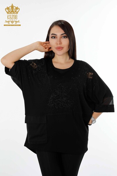 Toptan Kadın Bluz Tül Detaylı Cepli Siyah - 79005 | KAZEE