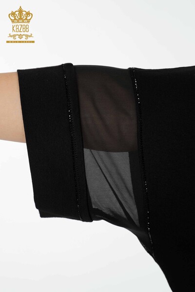 Toptan Kadın Bluz Tül Detaylı Cepli Siyah - 79005 | KAZEE - Thumbnail