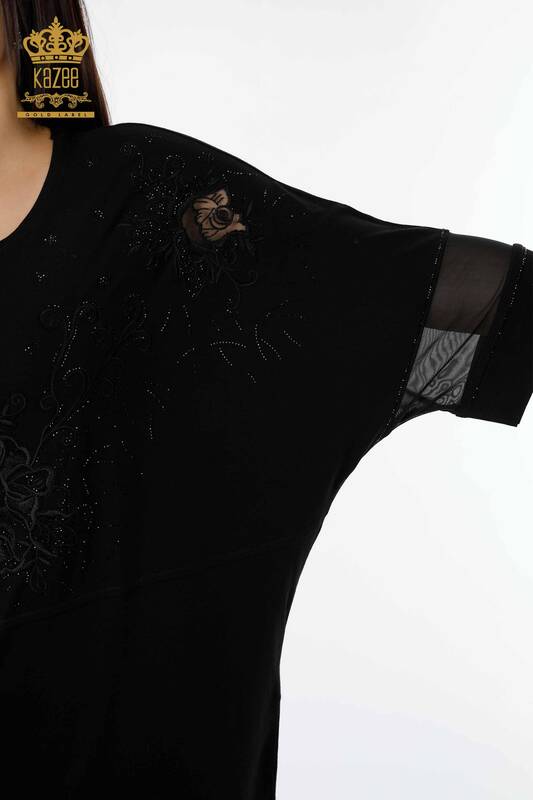 Toptan Kadın Bluz Tül Detaylı Cepli Siyah - 79005 | KAZEE