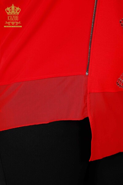 Toptan Kadın Bluz Tül Detaylı Desenli Kırmızı - 78871 | KAZEE - Thumbnail