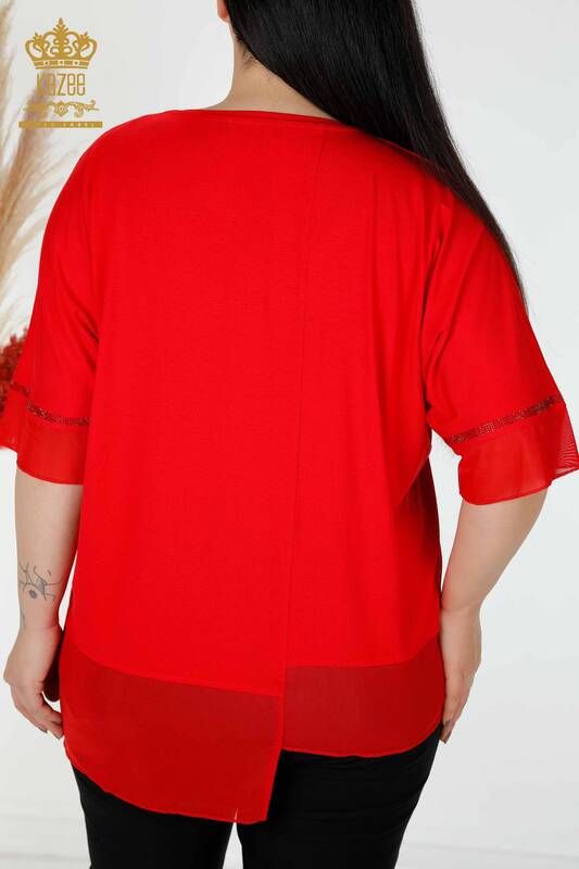 Toptan Kadın Bluz Tül Detaylı Desenli Kırmızı - 78871 | KAZEE
