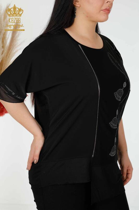 Toptan Kadın Bluz Tül Detaylı Desenli Siyah - 78871 | KAZEE