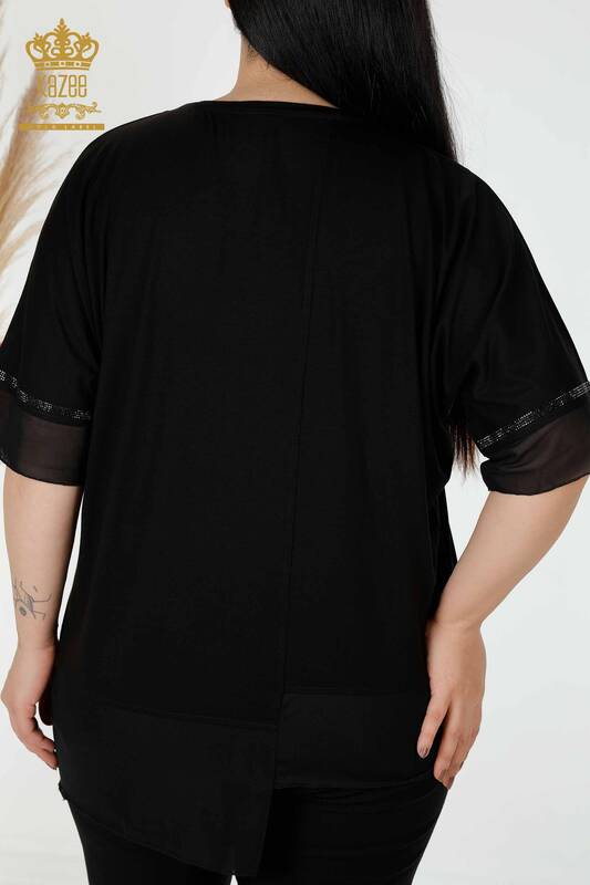 Toptan Kadın Bluz Tül Detaylı Desenli Siyah - 78871 | KAZEE