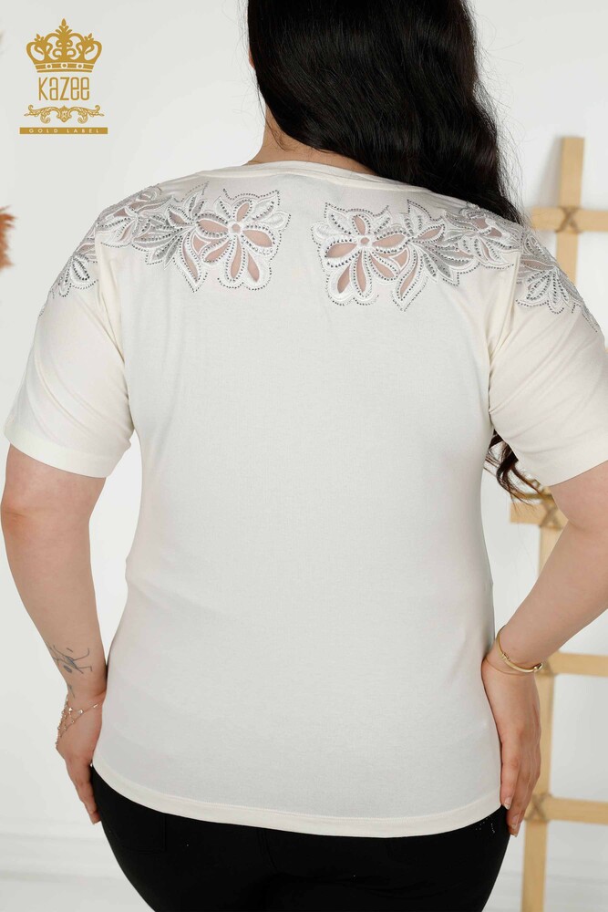 Toptan Kadın Bluz Tül Detaylı Ekru - 79086 | KAZEE - 8