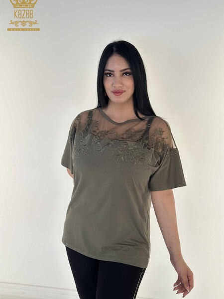Toptan Kadın Bluz Tül Detaylı Haki - 79453 | KAZEE 